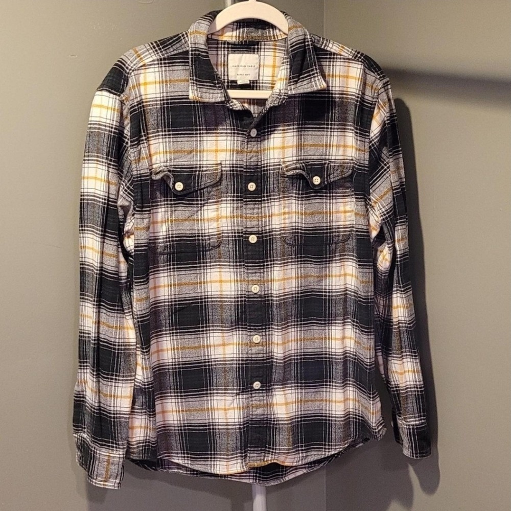 American Eagle Plaid Flannel Button Up Shirt Men's Size L White Black Multi
